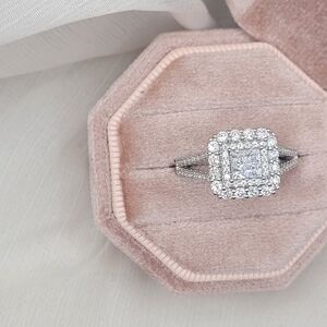 Double Halo Cluster Diamond Engagement Ring in Sterling Silver